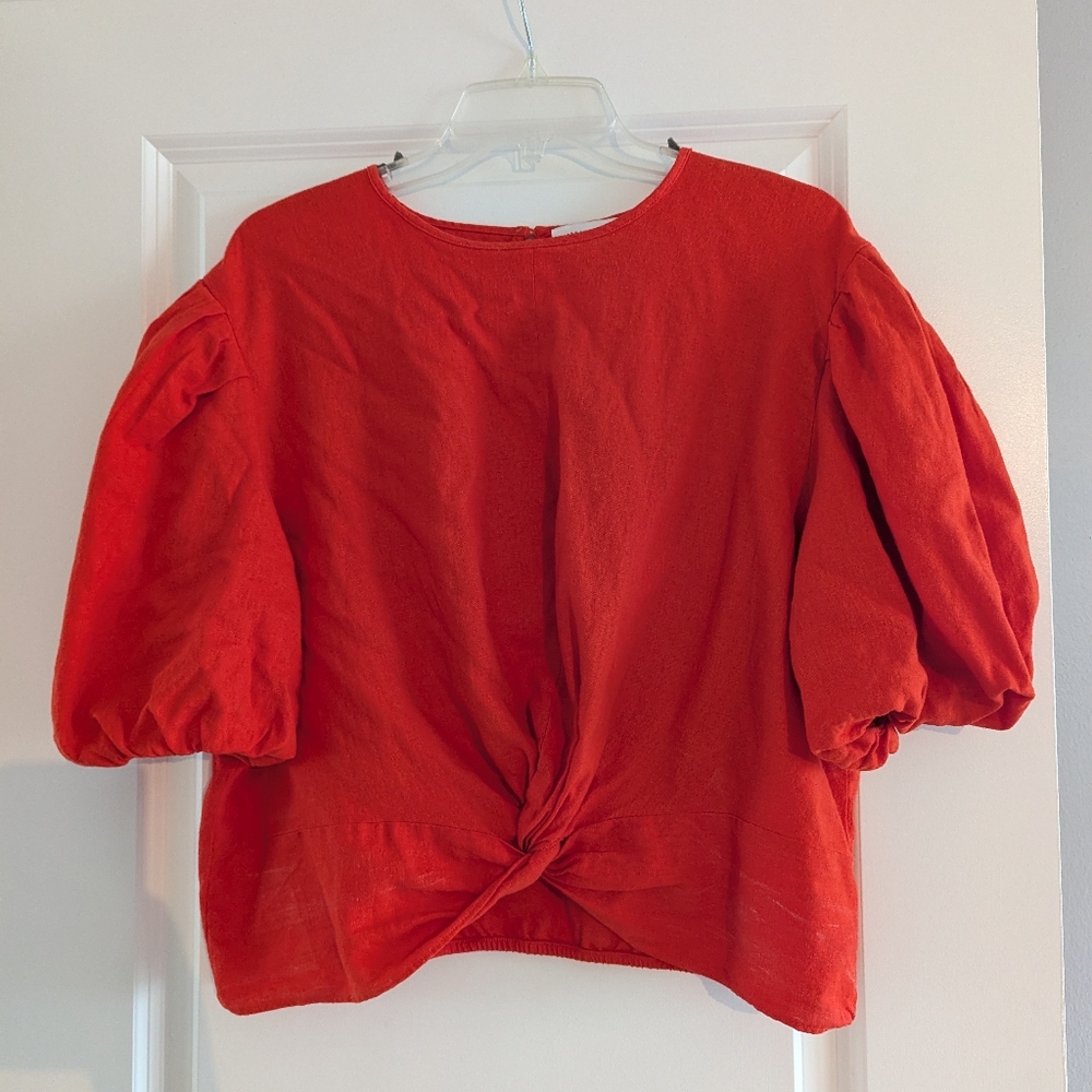 Marc New York Orange Puff Sleeve Blouse with Tie Front